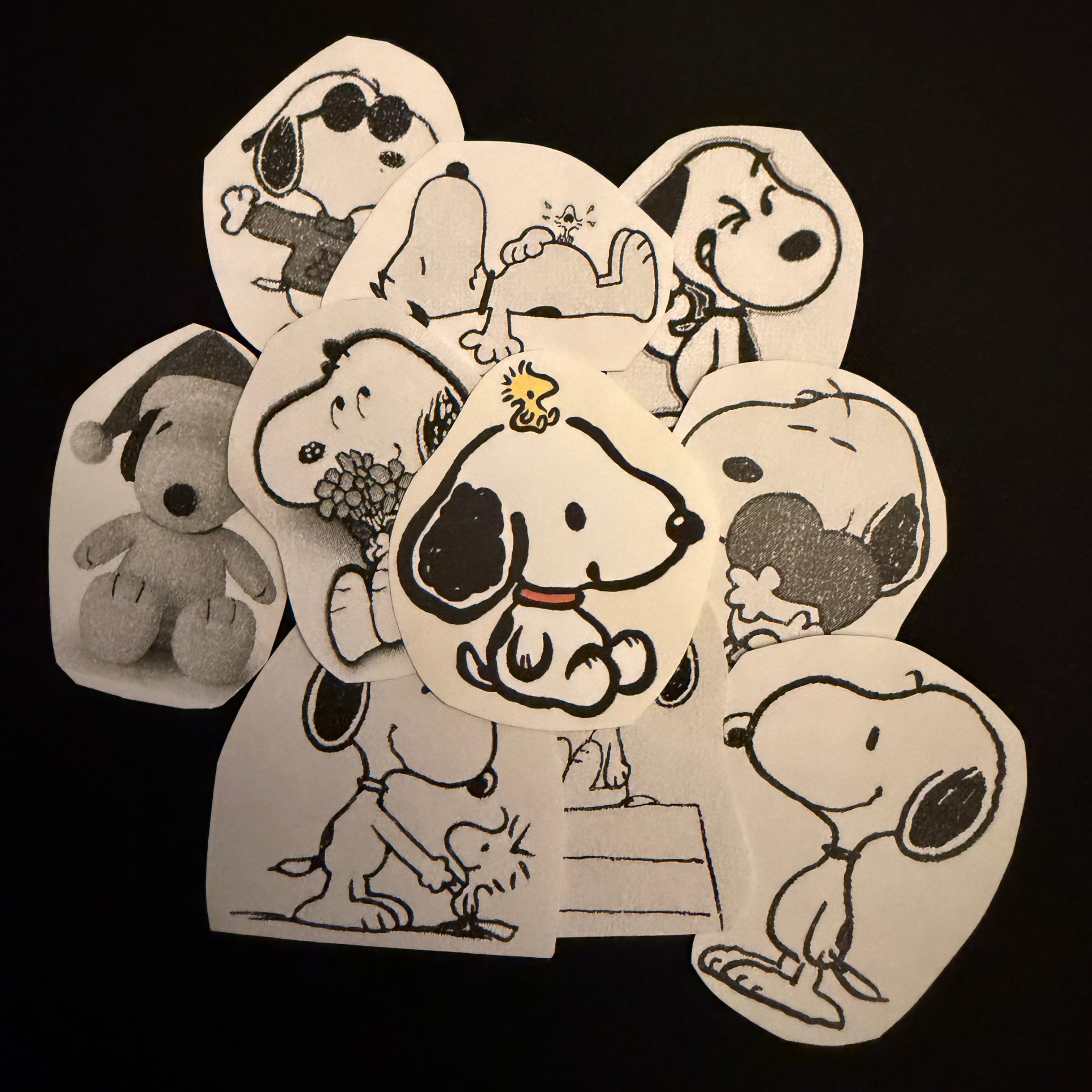 a collection of custom snoopy stickers in both black and white and in color