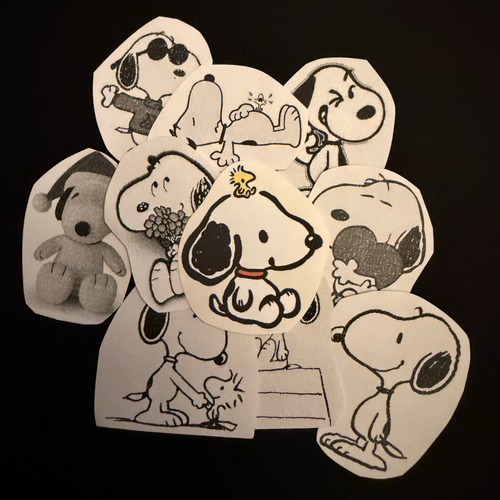 a collection of custom snoopy stickers in both black and white and in color